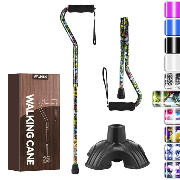 Bastón plegable ligero para mujeres y hombres, con mango descentrado, ajustable para personas mayores, movilidad y equilibrio, base pequeña, 81-94 cm, diseño de flor