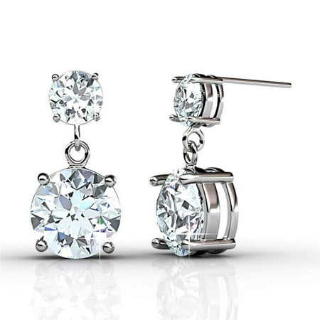 Jasmine 18k White Gold Earrings with Swarovski Crystals, Silver Dangling Sparkle Stud Earrings w/ Solitaire Round Cut Diamond Crystals Earring Studs Set for Women, Wedding Anniversary