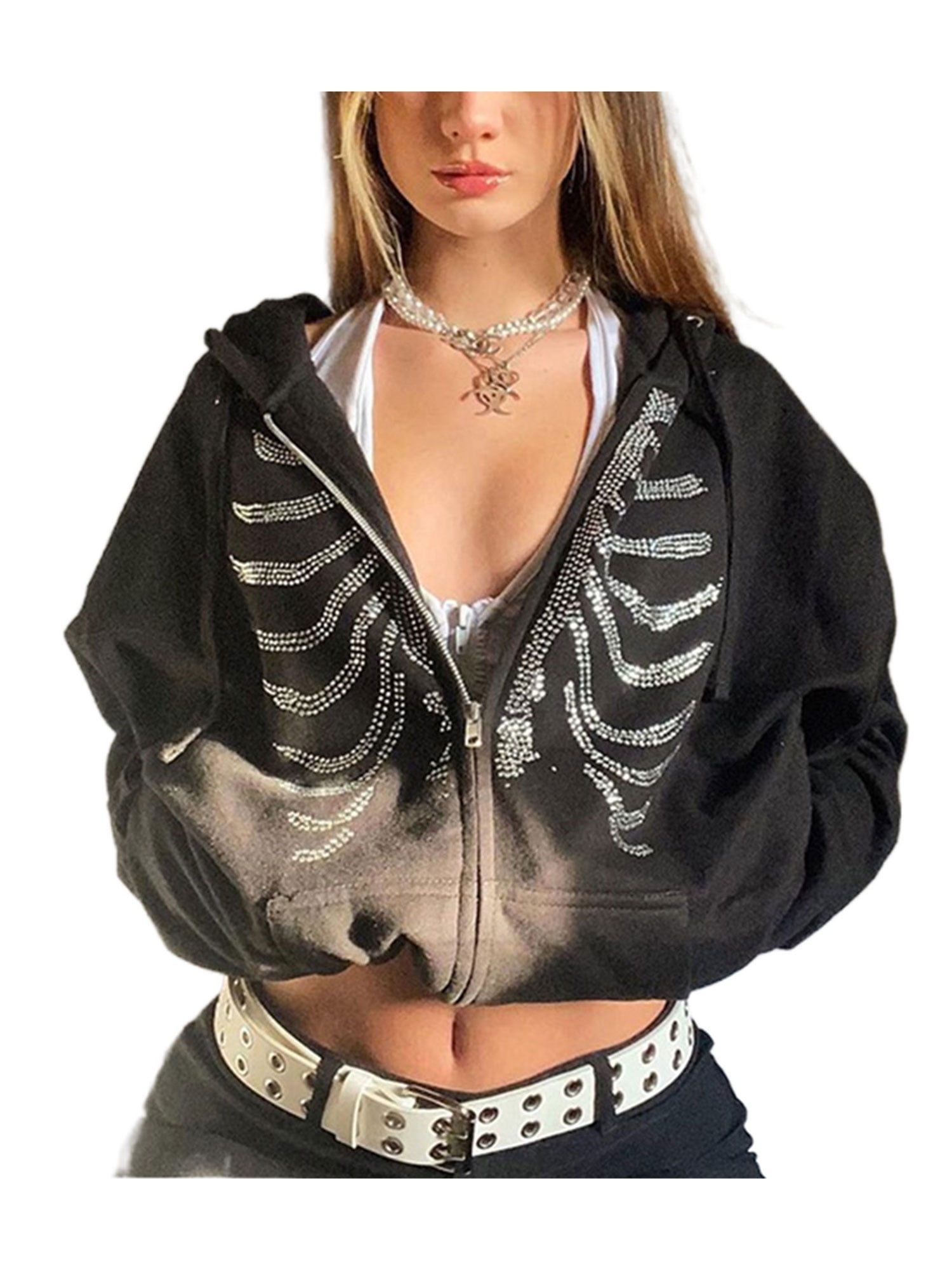 Qiylii Women Y2k Skeleton Zip Up Hoodies Rhinestone Graphic Oversized  Pullovers