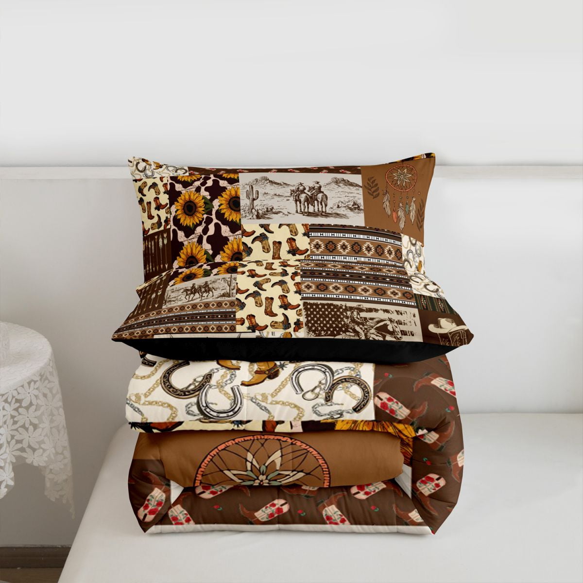 Western Cowboy King Size Bedding Sets American Tribal Wild Desert Comforter Wildlife Cow Exotic Horse Shoe Comforter Set Teenagers Brown Lattice Down Comforter with 2 Pillowcases