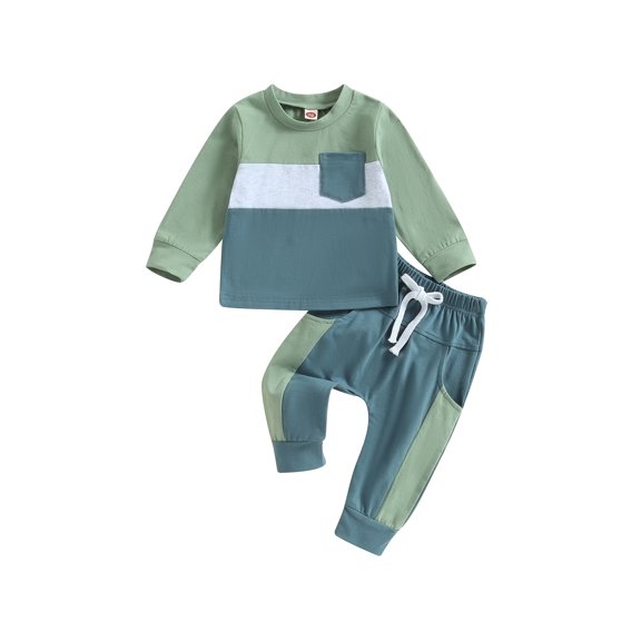 Bagilaanoe 2PCS Toddler Baby Boy Long Pants Set Contrast Color Long Sleeve Sweatshirt Pullover Tops Drawstring Sweatpants 6M 12M 18M 24M 3T Kids Casual Sweatsuits