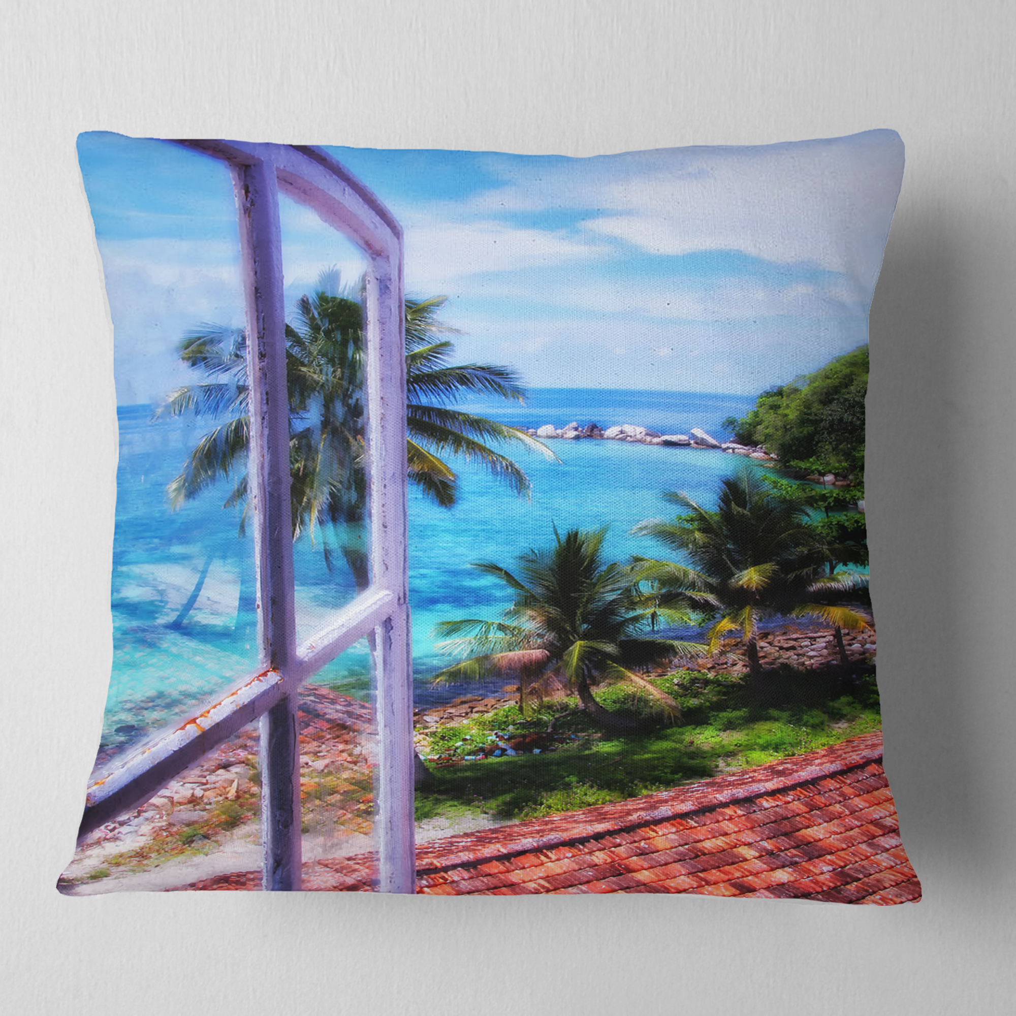 Designart Light House Window View - Landscape Photo Throw Pillow - 18x18
