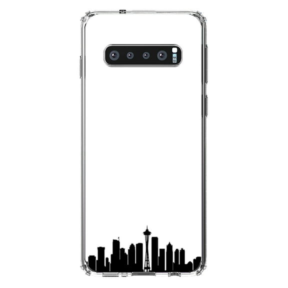 DistinctInk Clear Shockproof Hybrid Case for Samsung Galaxy S10  PLUS(6.4" Screen) - TPU Bumper, Acrylic Back, Tempered Glass Screen Protector - Seattle Skyline Silhouette -Seattle