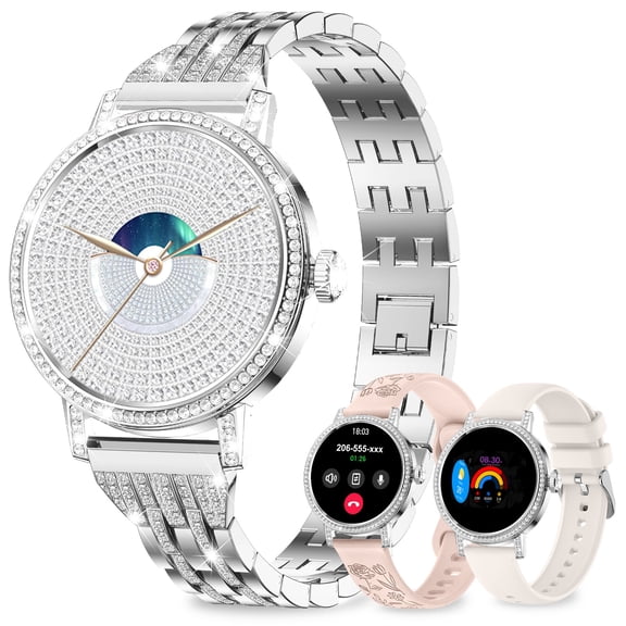 Women's Diamond Smart Watch with Bluetooth Call, 1.27" HD Touch Screen, 3 Replaceable Straps, 120 Sports Modes IP68 Waterproof Fitness Watch for Android iOS, Silver