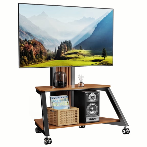 Heavy Duty Mobile TV Stand Rolling TV Cart with Wheels for 32-85 Inch Flat/Curved Led/LCD/OLED Portable Floor TV Stand with Wooden Shelves, Height Adjustable Holds up to 220lbs,Max VESA 600 x400mm