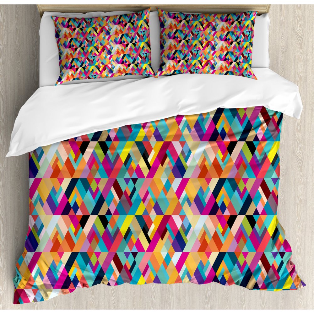Abstract Queen Size Duvet Cover Set, Bauhaus Style Pattern of Geometric Shapes as Colorful