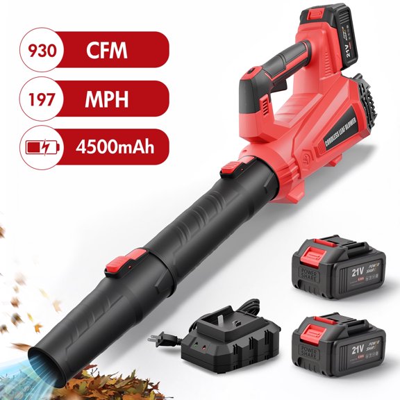 Brightspark Cordless Leaf Blower, 21V Leaf Blower with dual 4Ah Batteries & Charger, Up to 930CFM/197MPH, 6 Variable Speed, Lightweight & Easy One-Handed Control, for Flower Beds, Garages