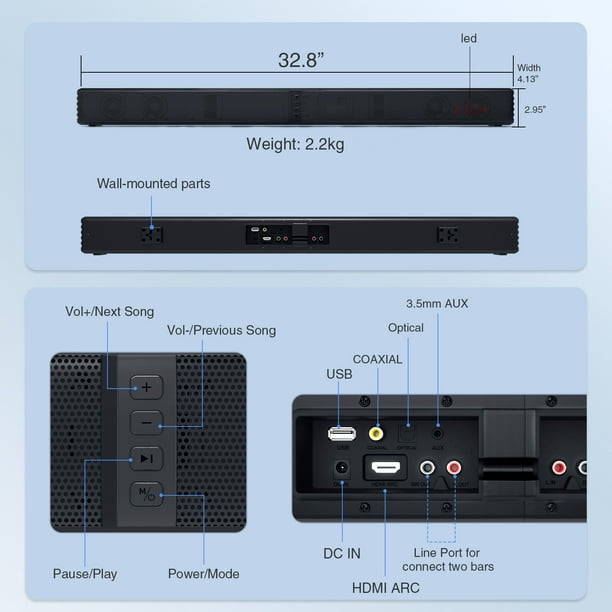 2.2 Channel Soundbar Bluetooth 5.0 ARC Speaker Separable Sound Bar for TV, Built-in Dual Subwoofer & 10 - Walmart.com