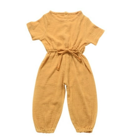 

Hopiumy Toddler Baby Girl Basic Plain Short Sleeve Cotton Linen Drawstring Romper