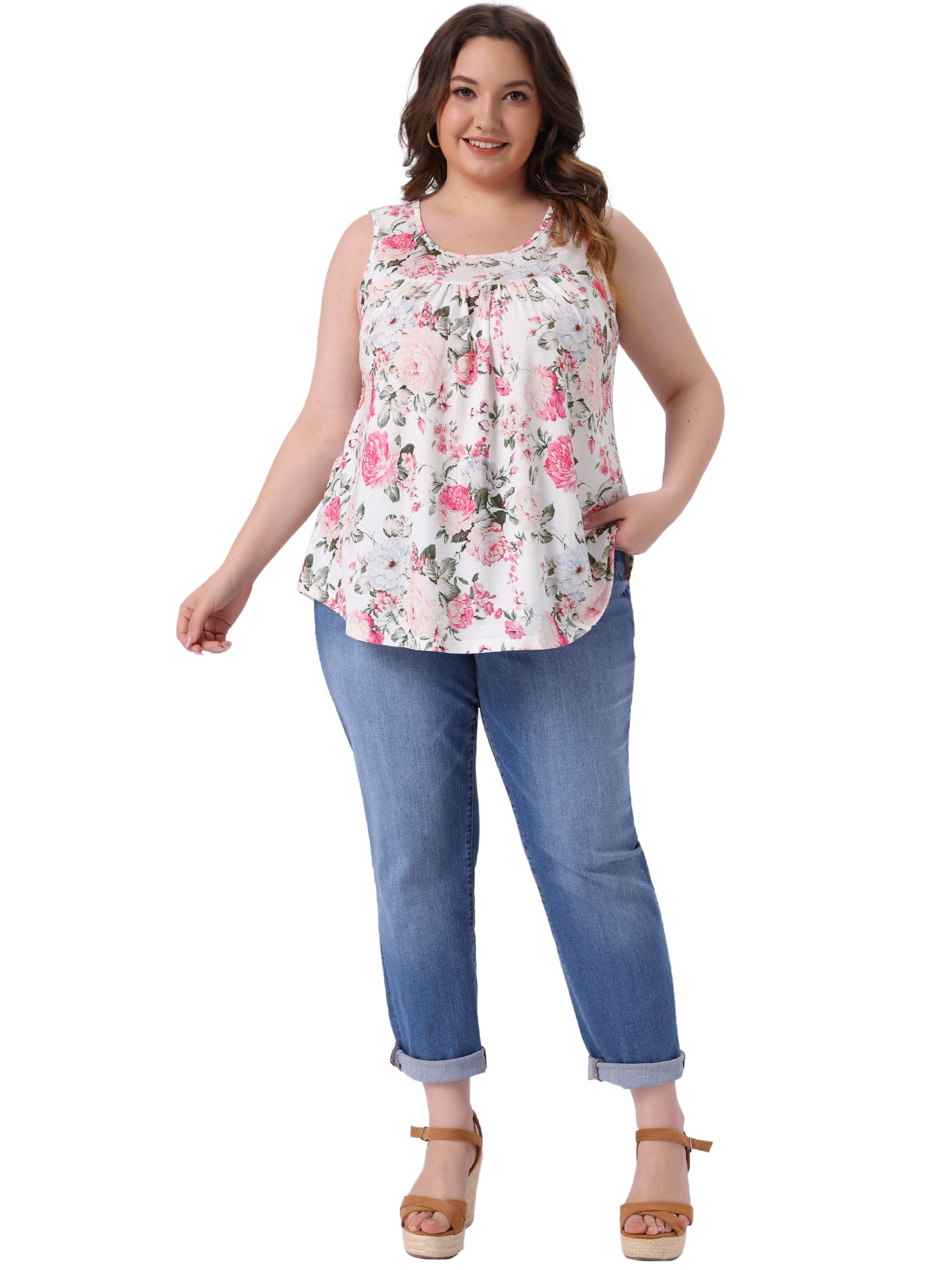 DARING DIVA Women's Plus Crew Neck Boho Pleated Curved Hem Tank Top Blouse 4X White