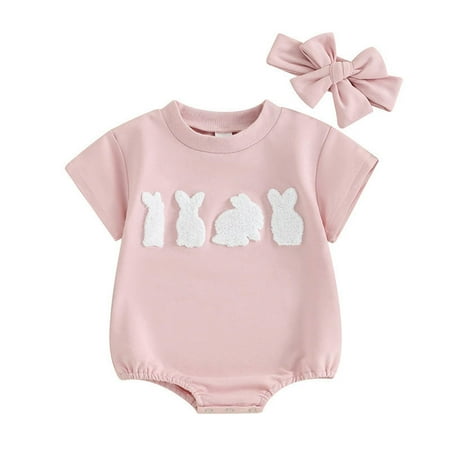 

XYIJANI Baby Girl Summer Outfits Newborn Baby Girl Outfit Bunny Romper Short Sleeve Bodysuit Headband Infant My First Clothes Boy Clothes 12-18 Months Baby Boy S Clothing (Pink 60)