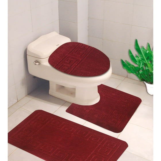 10 Burgundy 3Piece Embossed Bathroom Mat Set, Solid Large Rug 19"x 30