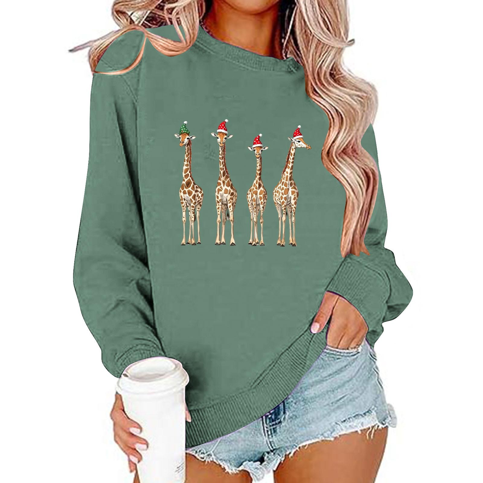 SYMOID Womens Green Christmas Giraffe Crewneck Sweatshirt, 100% Cotton Loose Fit Festive Graphic with Santa/Elf Hat,Size L