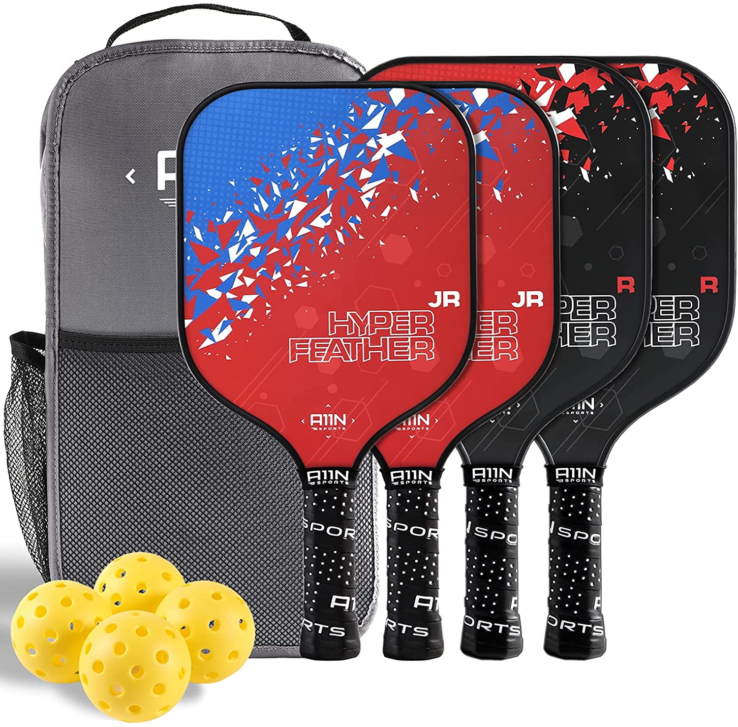 A11N HyperFeather R & JR Pickleball Paddles, Set of 4 Rackets with 4 Outdoor Balls and 1