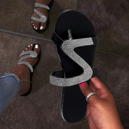 

Alueeu Women s slipper Women s Casual Solid Crystal Roman Plus-size Flat Slippers Sandals Shoes