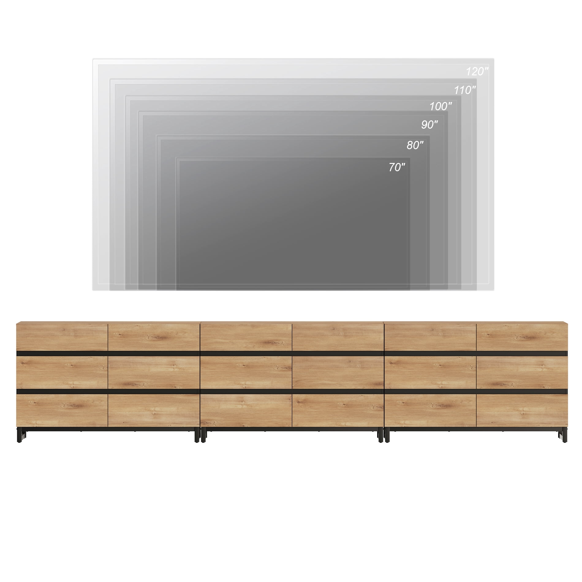 WAMPAT 18-Drawer TV Stand, Modern Extra Large Media Console with Metal Base, Wooden Entertainment Center Fits 120 Inch TV for Bedroom Living Room, Oak