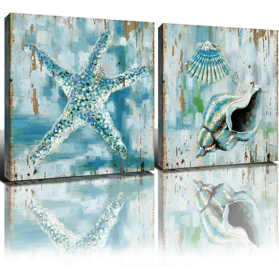 Vintage Starfish Bathroom Wall Art Teal Beach Room Decor Blue Sea Shell Ocean Painting Canvas Prints Marine Seashell Home Decoration Modern Pictures Artwork Framed Easy to Hang 12 x 12 Inch 2 Panels