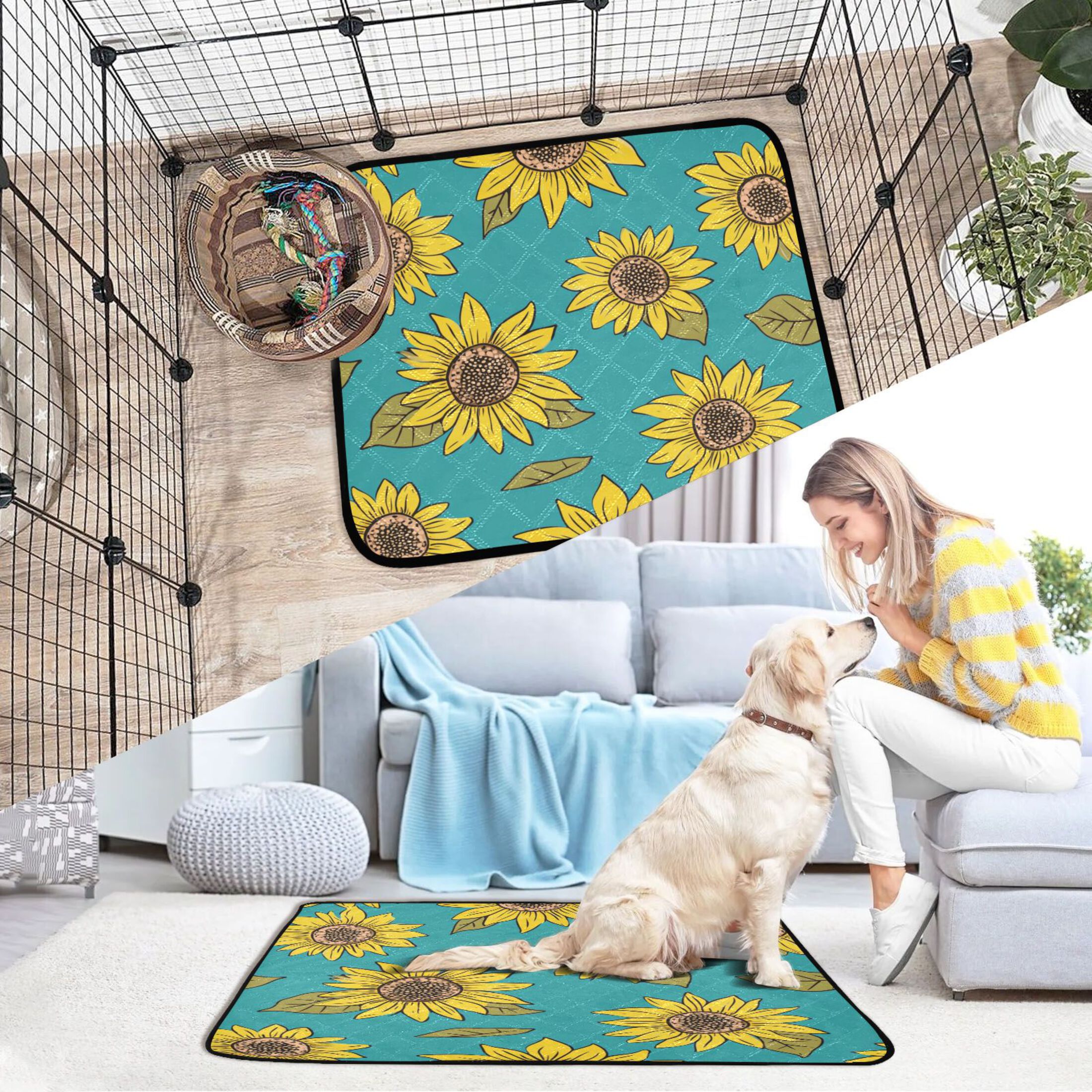 Washable Pet Pee Pads with Super Absorbent Reusable Training Pads for Dogs & Cats Yellow Sunflowers Pattern