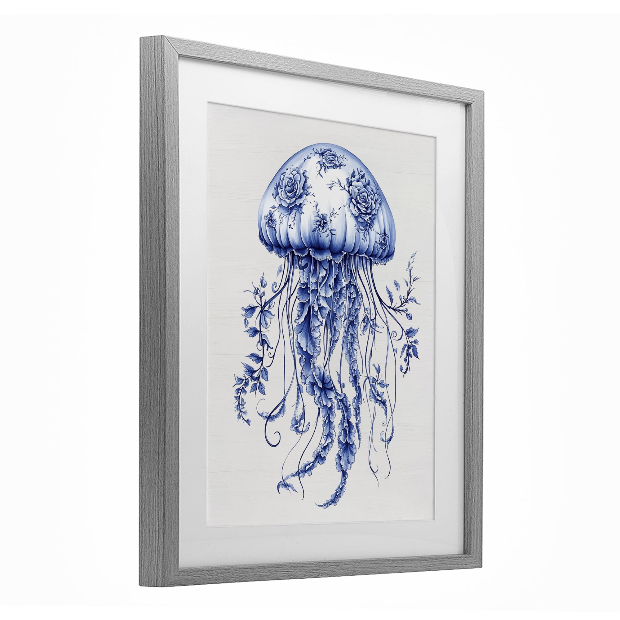 Funky Toile Jellyfish Gray Framed Print Under Glass, design by Lettered and Lined