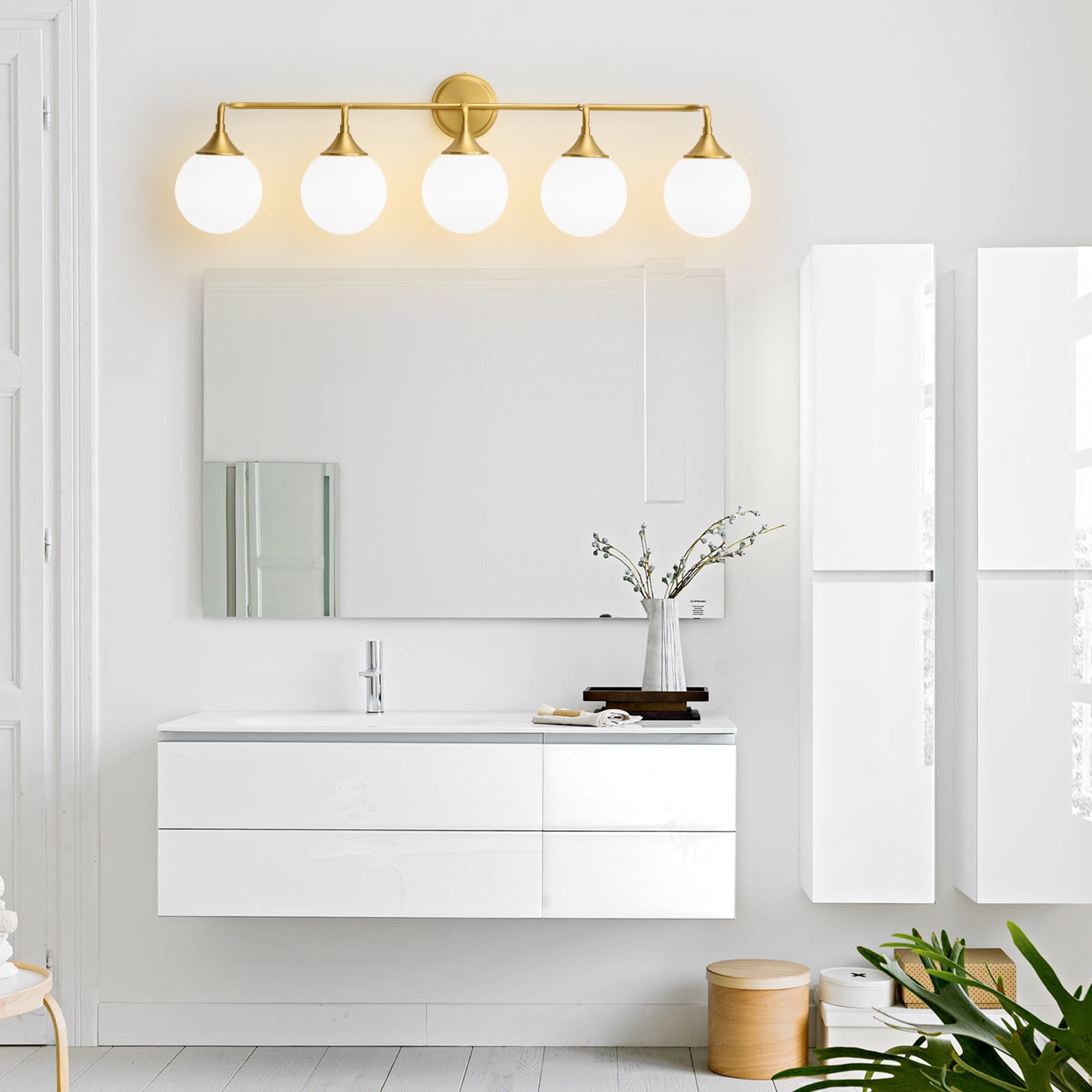 Deyidn 5-Light Gold Modern Vanity Light, 39 Inch Dimmable Bathroom Light Fixture with Opal Glass Globes for Mirror