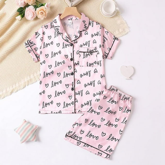 Esho Little Girls Boys Button Down Pajama Sets Kids Satin Silk Pjs Short Sleeve Sleepwear 712Y