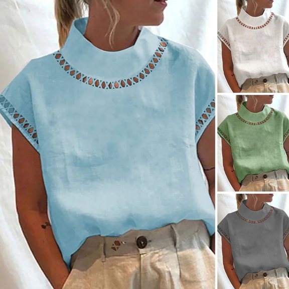Joernso Stand Collar Short Sleeve Hollow Out Women T-shirt Summer Solid Color Loose Tee Top Streetwear