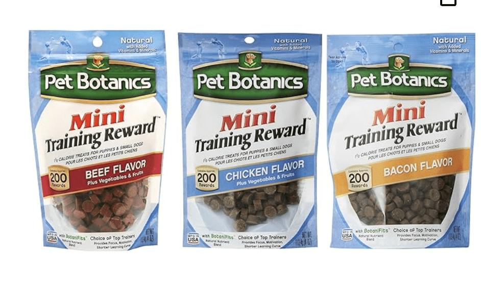 Pet Botanics Mini Training Rewards for Dogs 3 Flavor Variety Bundle: (1) Bacon, (1) Chicken and (1) Beef, 4 Oz Ea (200 Count per Bag, 3 Bags Total)