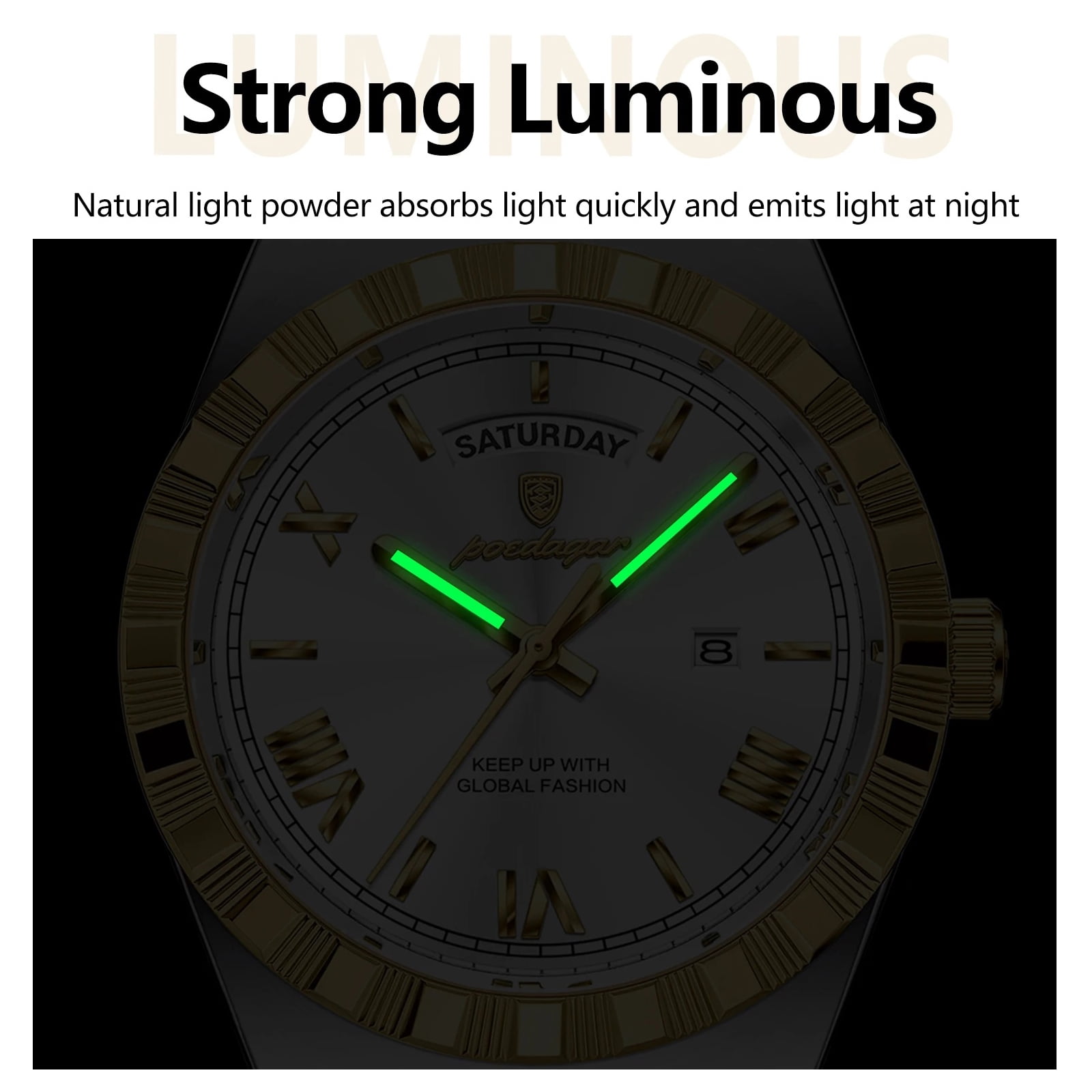 POEDAGAR Luxury Men's Waterproof Luminous Wrist Watch with Date Week Display Stainless Steel Strap