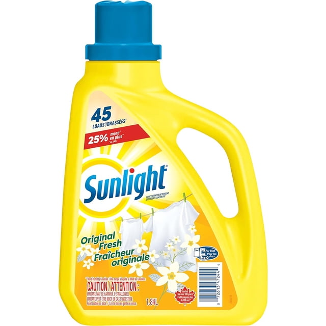 Sunlight Detergent Original Lemon Fresh (45 loads, 1.84L) with Concentrated Formula, Laundry Detergent Liquid for Exceptional Cleaning and Stain Remover to Brighten Laundry, Yellow