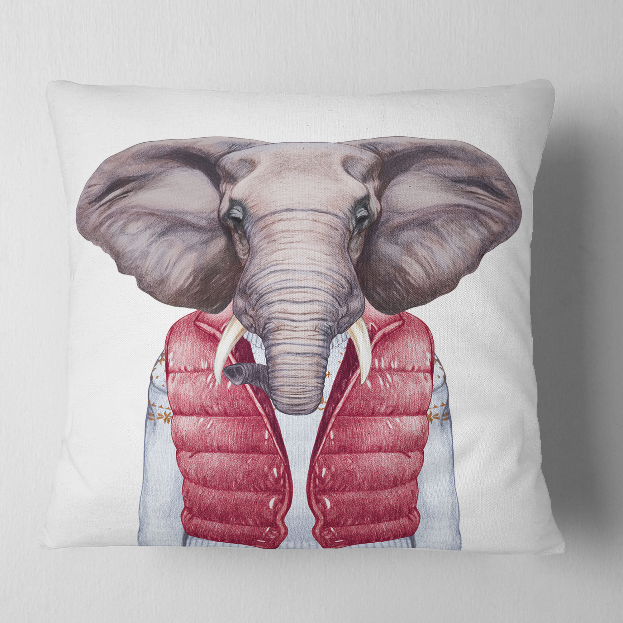 Designart Elephant in Vest and Sweater - Contemporary Animal Throw Pillow - 16x16