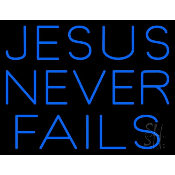 Blue Jesus Never Fails LED Neon Sign 15" Tall x 19" Wide - inches Black Square Cut Acrylic Backing, with Dimmer - Premium built indoor Sign for Home décor, Event, Religious place, Store interior.