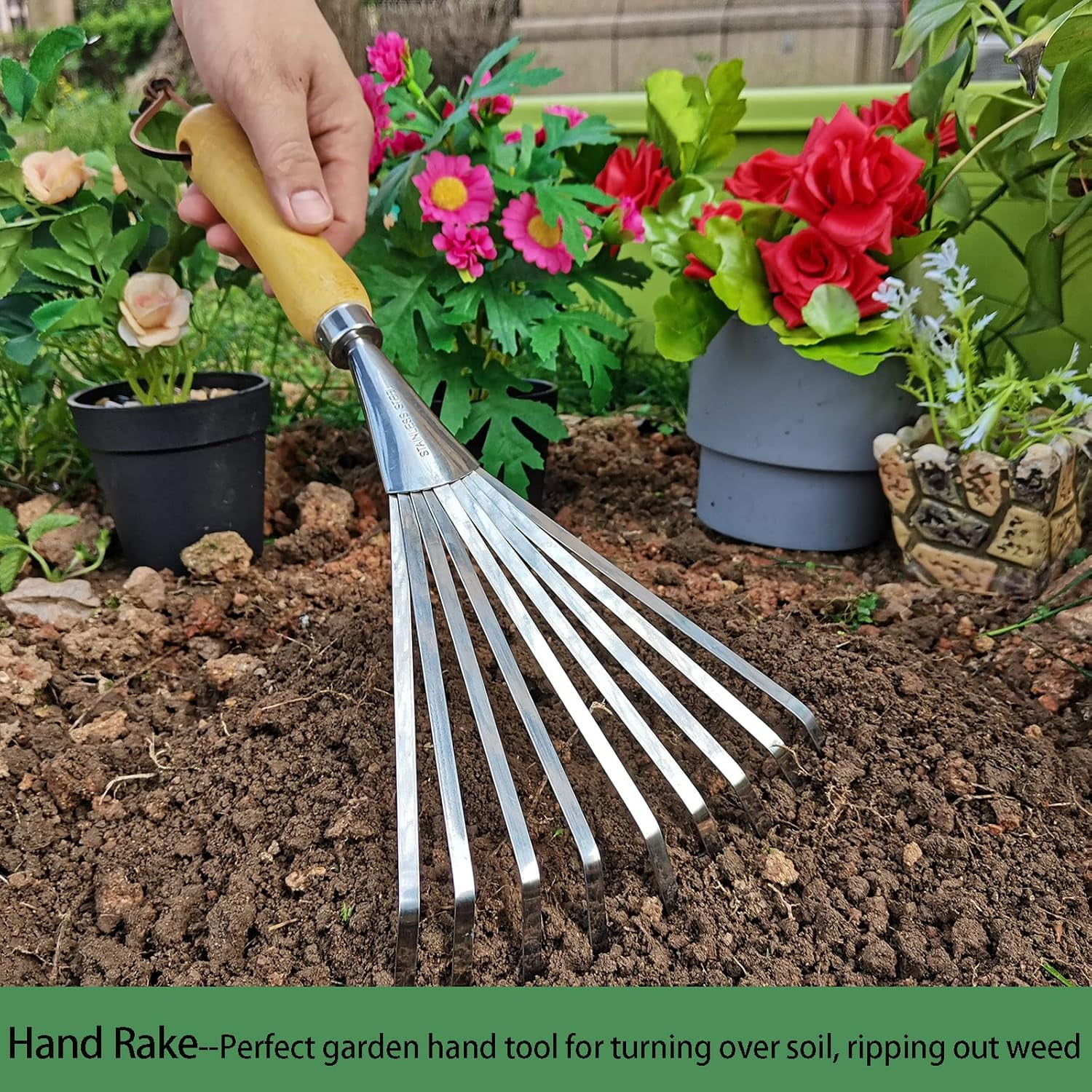 Hand Rakes, Garden Stainless Steel Hand Rake Soil Tiller with Ergonomic Handle, Leaf Rakes for Gardening, Yard Flower Beds Tool