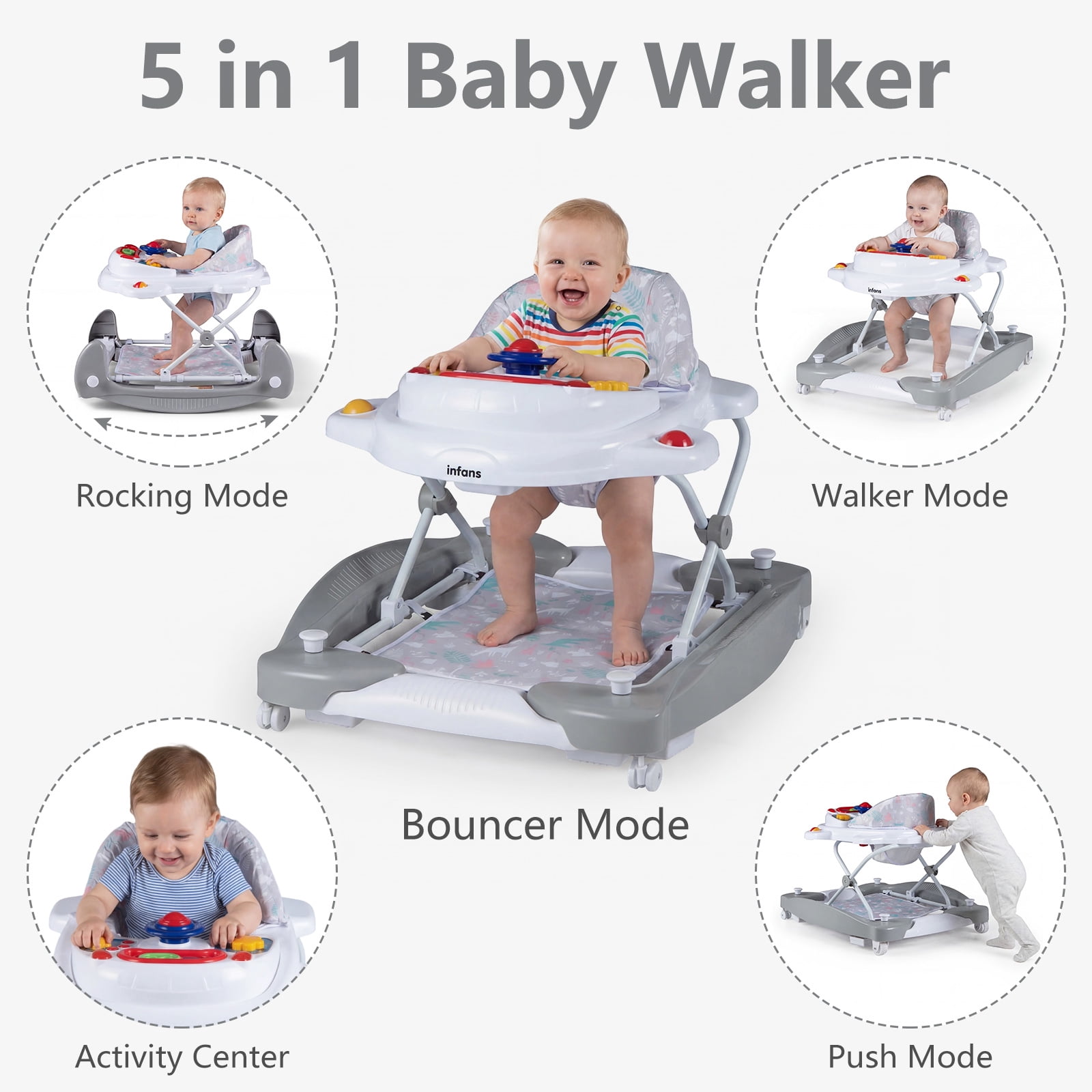 INFANS Baby Walker, 6 in 1 Behind Walker Learning Seated Rocker Bouncer with Removable Music Tray, Adjustable Height, Washable Seat Cushion, Foldable Activity Center for Toddlers