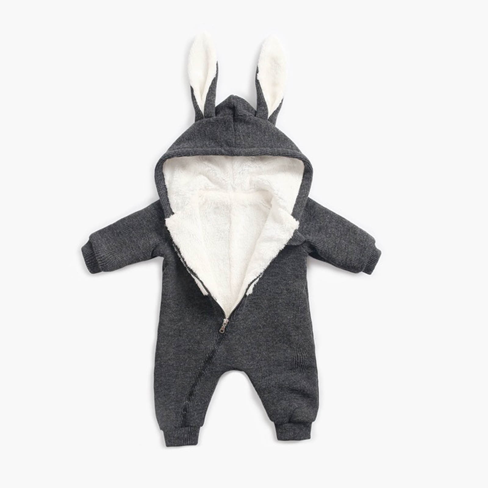 Riecok Winter Baby Clothes Fleece Thick Onesie Cute Rabbit Ears Hooded Winter Infant Clothes Gray 0 Months
