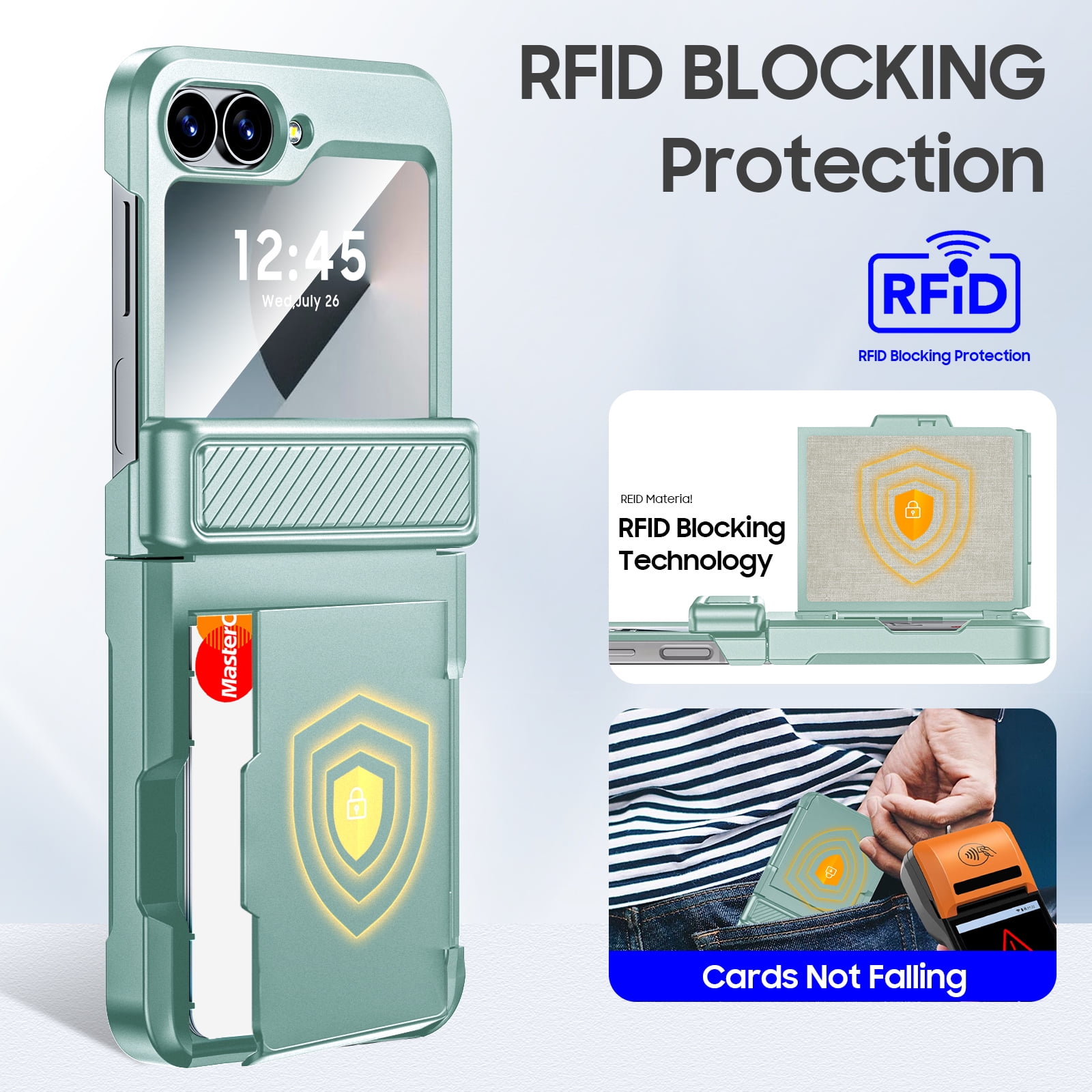 Oupeigar for Samsung Galaxy Z Flip 6/7FE Phone Case with Card Holder[RFID Blocking],Hinge Protection,Screen Protector,Shockproof Case-Mint Green