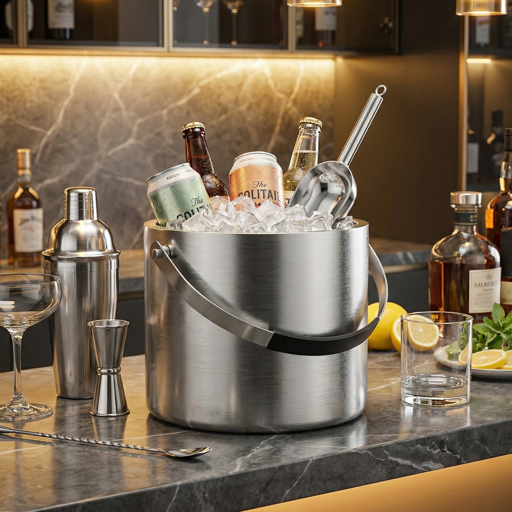 LERENSHA 1pcs Insulated Ice Bucket with Lid and Scoop, 101 oz Stainless Steel Ice Bucket 3L Double Wall Ice Holder with Handle, Metal Ice Bucket for Wine, Champagne, Bar, Party & Outdoor Use