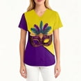 thumbnail image 3 of Resicozy Mardi Gras Scrub Tops for Women Plus Size V Neck Short Sleeve Trendy Holiday Print Working Nurse Uniform with Pockets Yellow#1 3XL, 3 of 4