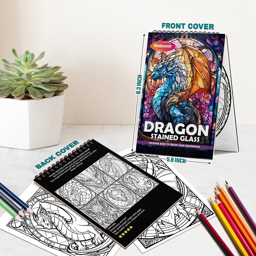 Netecom Dragon Stained Glass Coloring Book Spiral Bound For Adults, A5 Wooden Cover, 30 Enchanting Coloring Pages of Majestic Dragons in Stained Glass Patterns for Stress Relief and Relaxation