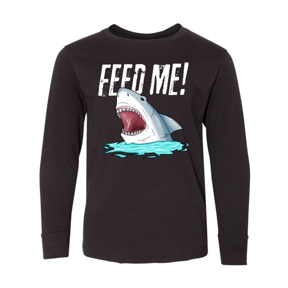 Inktastic Feed Me with Shark Head Long Sleeve Youth T-Shirt
