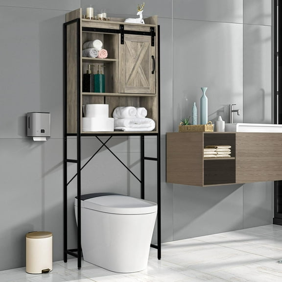 Zimtown Retro Style Over the Toilet Bathroom Storage Space Saver with Cabinet and Open Shelf, Retro Gray