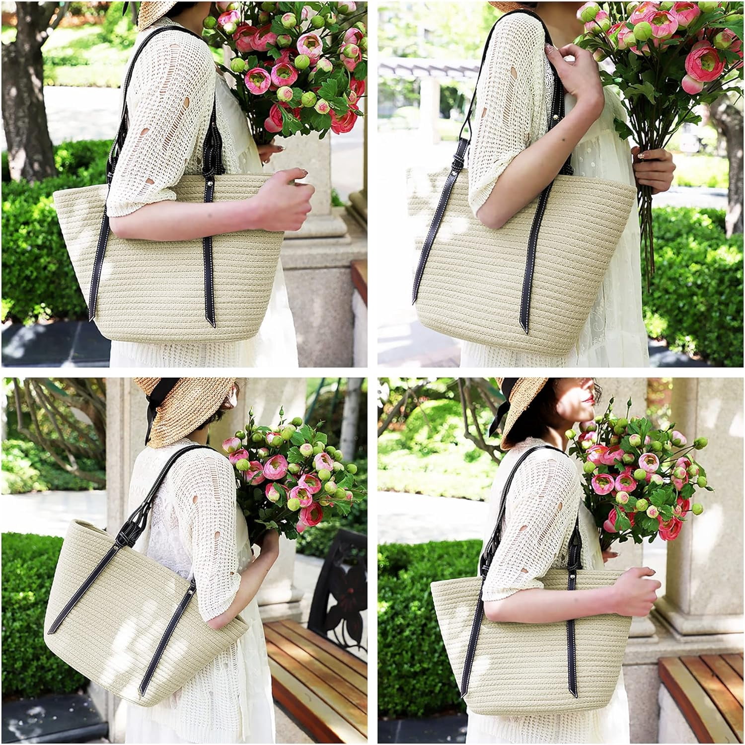 Kukuzhu Women Large Beach Tote Shoulder Handbag Summer Beach Cotton Crochet Handwoven Weaving Shoulder Purse Bag