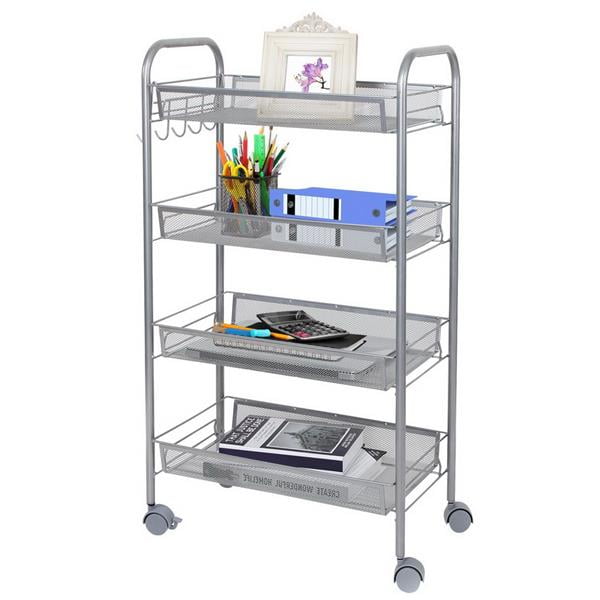 Metal Mesh 4 Tier Small Storage Rolling Utility Cart with