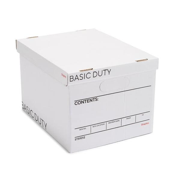 Staples Corrugated File Box Lift Off Lid Letter/Legal Size White/Black 20/Pack (3325010/3325007)