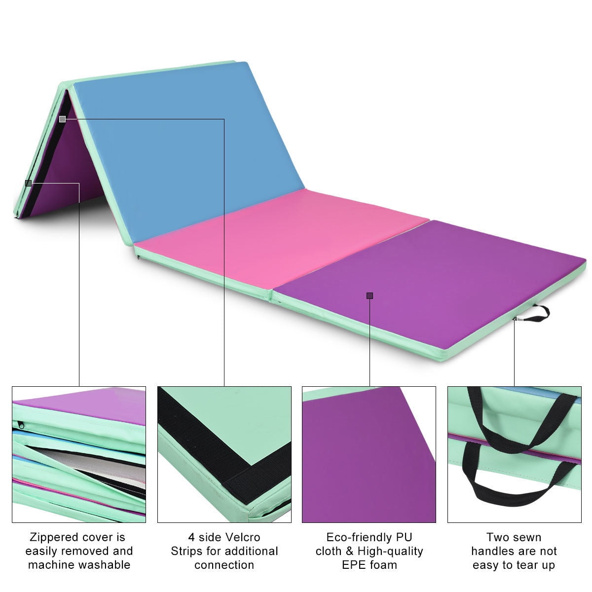 Gymax 4 Ft. x 10 Ft. x 2 In., Portable Gymnastics Mat Folding Aerobics Exercise Gym Mat Fitness