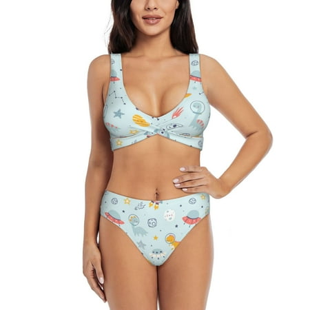 Zeuib Space With Dino Astronauts High Waisted Tummy Control Bikini Set - Knot Front Push Up Top & Cheeky Thong Bottom  Two-Piece Swimsuit for Women-XX-Large