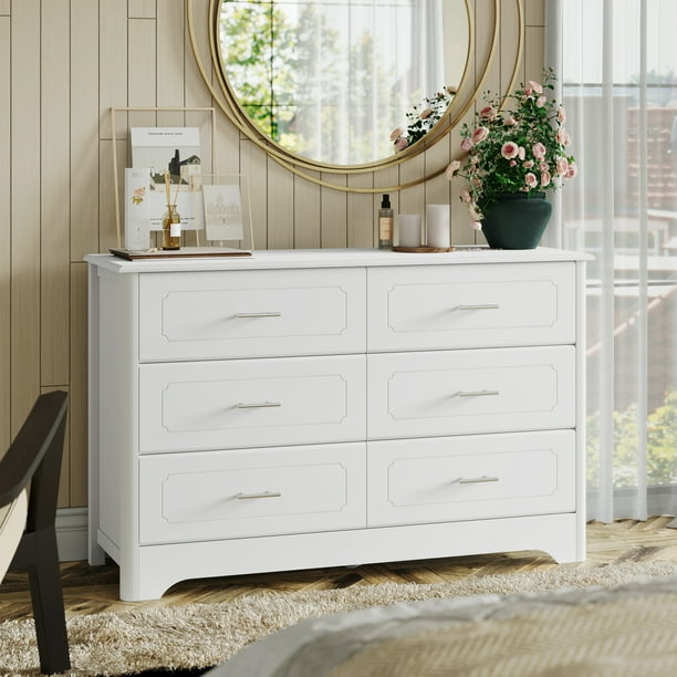 Homfa Double Dresser with 6 Drawer, White Horizontal Dresser Chest for