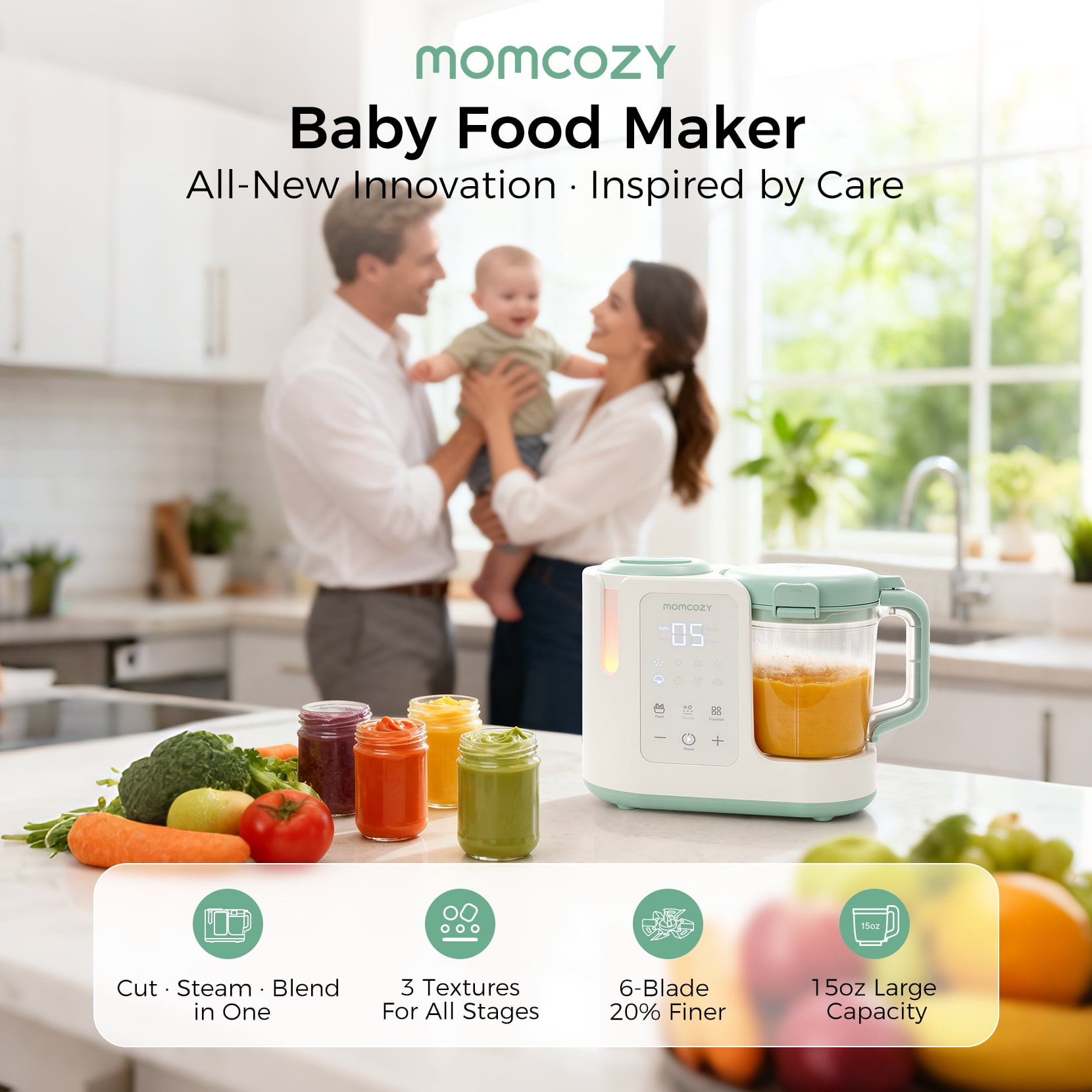 Momcozy AutoMeal Baby Food Maker – One-Step Auto Steam & Blend Food Processor, 15oz Large Cup & 6-Blade Design, Self-Cleaning, Auto 3-Stage Texture Settings for Effortless Homemade Baby Puree