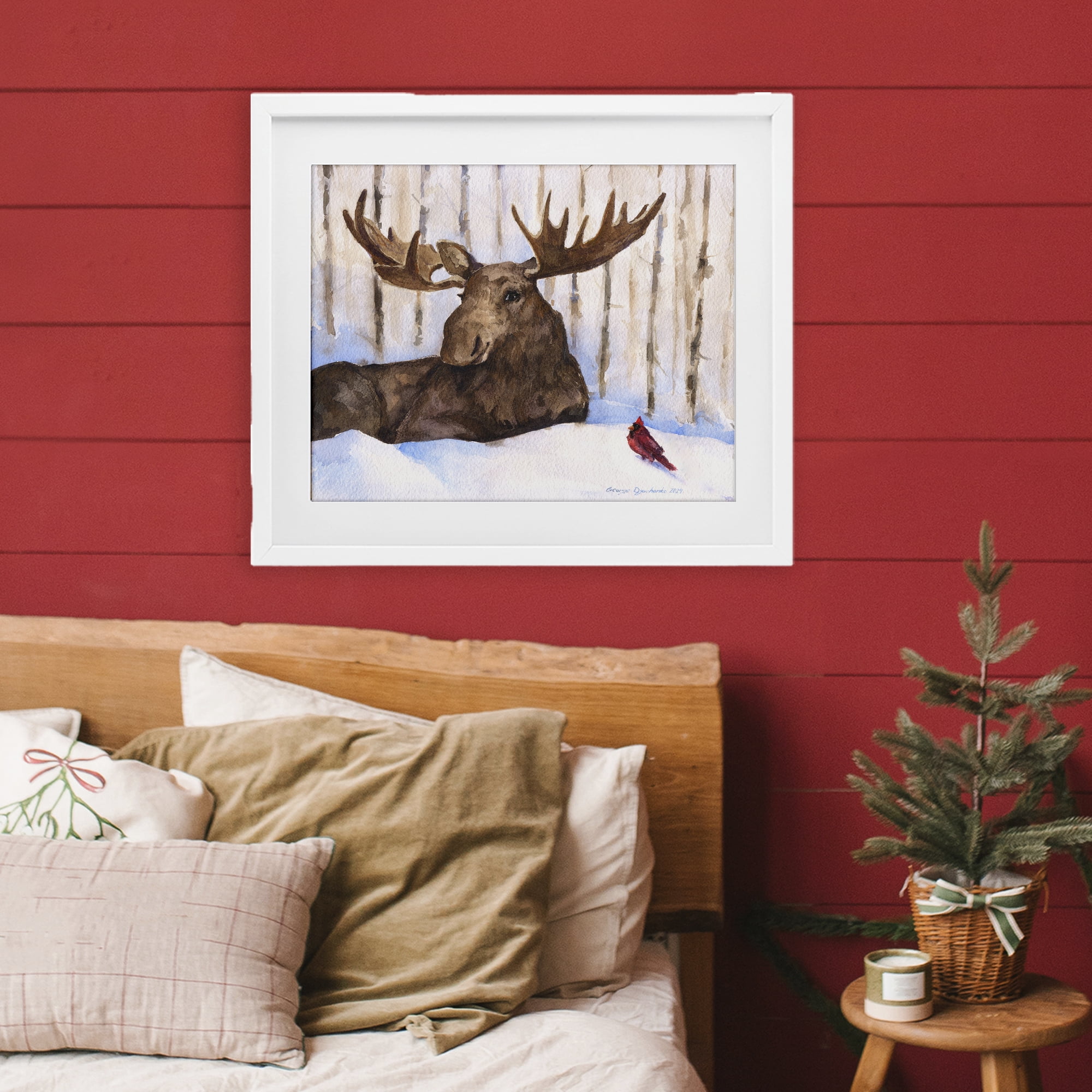 Stupell Industries Moose & Red Cardinal White Framed Print Under Glass, design by George Dyachenko