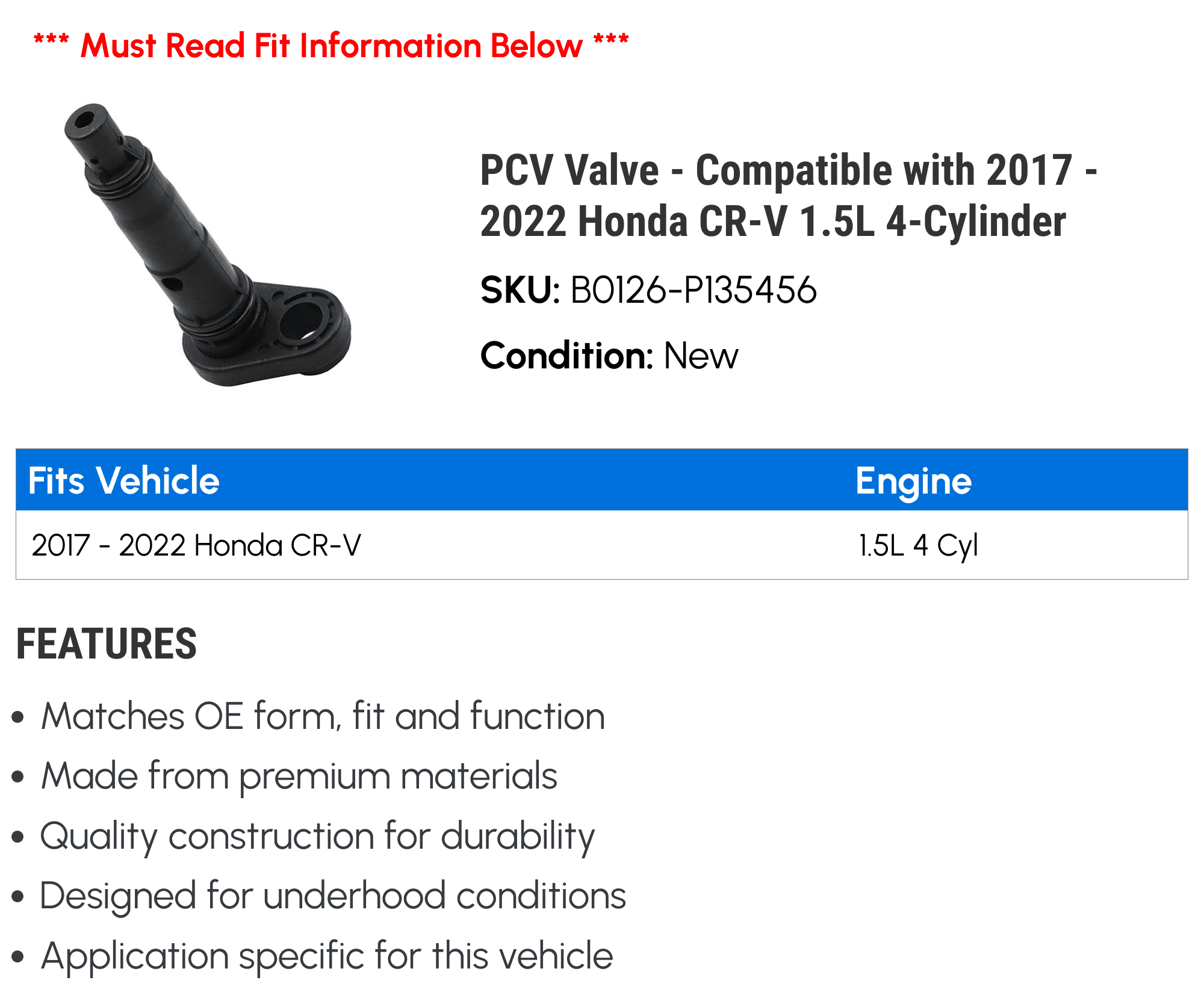 PCV Valve - Compatible with 2017 - 2022 Honda CR-V 1.5L 4-Cylinder - Beck Arnley