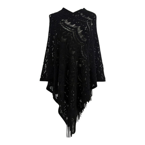 Amidoa Cutout Women's Sweaters Knit Long Sleeve Black Shirring Hem Solid Fringe Shawls Cardigans for Women Free Size